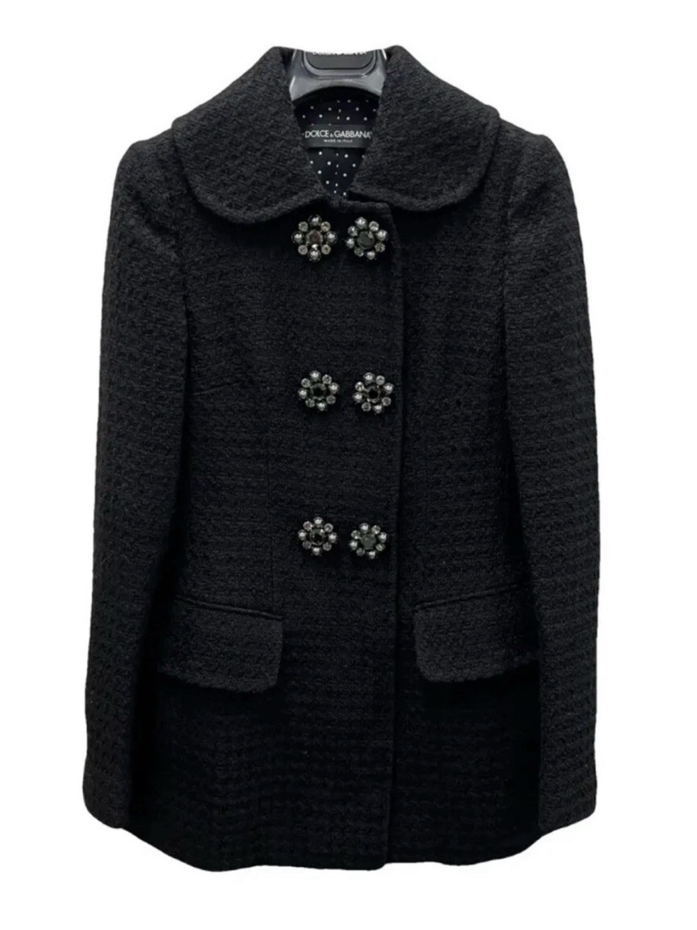 Dolce & Gabbana Black Wool Embellished Coat – Made in Italy – Size IT 42